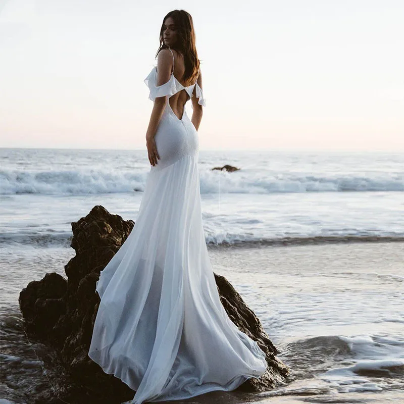 Eightree Spaghetti Strap Wedding Dress Beach Mermaid Bridal Sexy White Chiffon Gowns Vestido De Noiva New Design | Свадьбы и