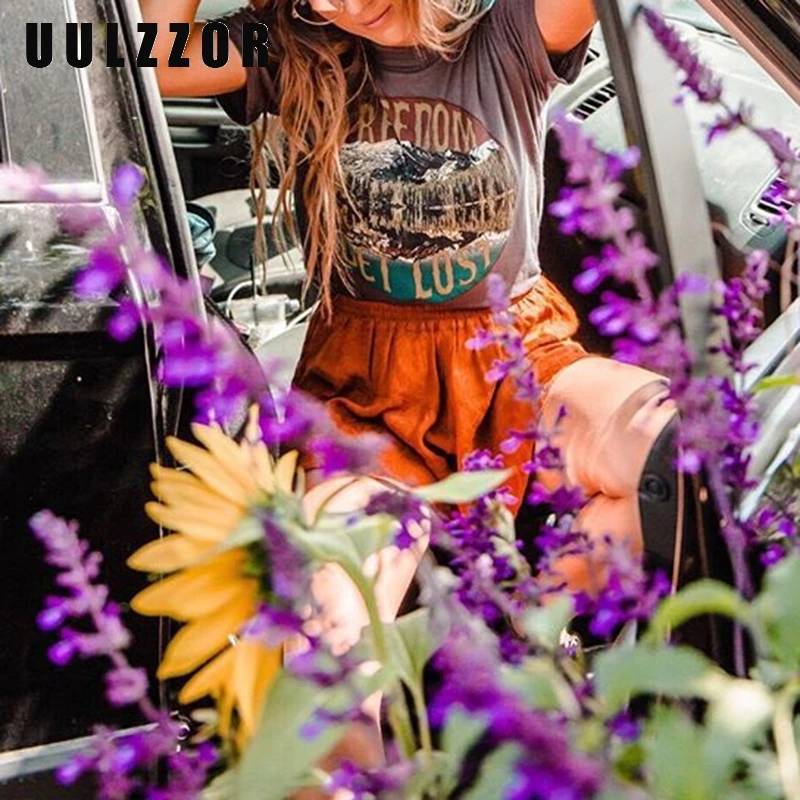 UULZZOR Boho свободная футболка с принтом Топ для женщин хлопок короткий рукав