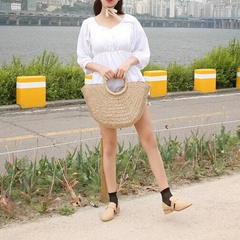 Женская пляжная Плетеная соломенная сумка с помпоном в форме Луны новые летние