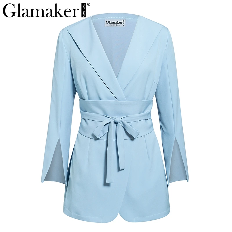 Glamaker, сексуальный, с разрезом, рукав, тонкий, длинный, Блейзер, куртка, для женщин, на шнуровке, пояс, синий, блейзер, платье для женщин, v-образный вырез, Элегантная куртка, Женское пальто