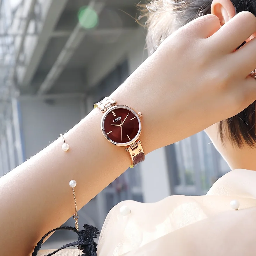 CURREN женские часы Элегантные коричневые золотые ультра-тонкие простые кварцевые