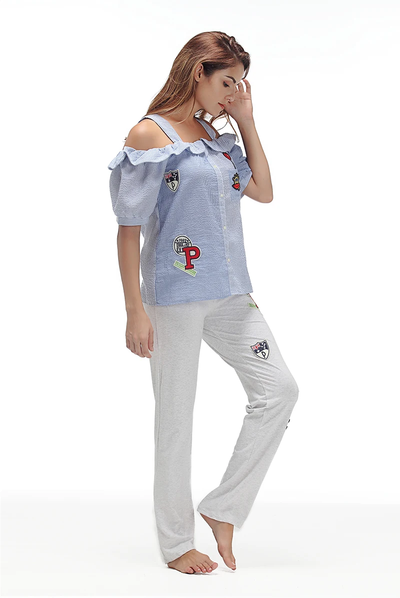 Yusano Pajamas Women Embroidery Camisole Short Sleeve Ruffle Sleepwear Girl Blue Pink Stripe Homewear Cotton Top+Long Pants