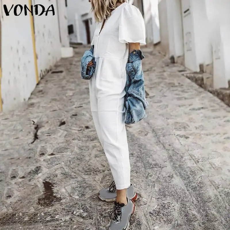 VONDA, женский комбинезон, короткий рукав, Повседневный, свободный, белый, черный, хлопок, Летний комбинезон размера плюс