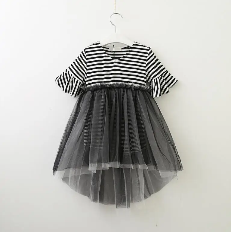 2018 Children Cotton Striped Flare Sleeve Mesh Dresses Girls Princess Cute Dress 5 pcs/lot Wholesale | Детская одежда и обувь