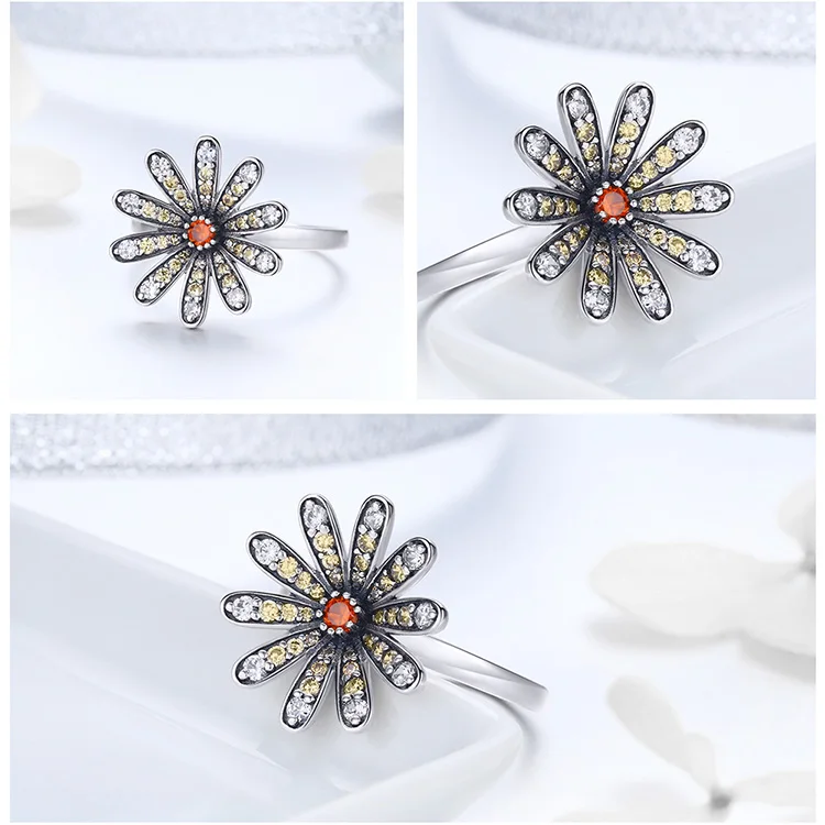WOSTU Hot Sale 925 Sterling Silver Sparkling Daisy Flower Finger Rings For Women Fashion Engagement Ring Jewelry Gift CTR011