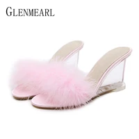 women slippers shoes summer high heels woman sandals wedges crystal transparent mules shoes brand wedding shoes plus size