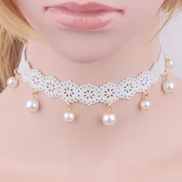 2022 new design fahion white pearl pendant statement lace cloth belt chokers necklaces for women