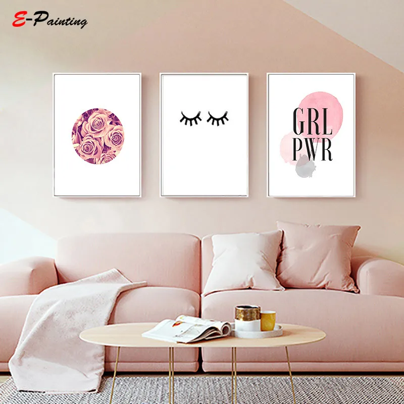 Nordic Canvas Painting Pink Roses Watercolor Wall Art Smiling Eyes Letter Poster Girls Bedroom Home Decor | Дом и сад
