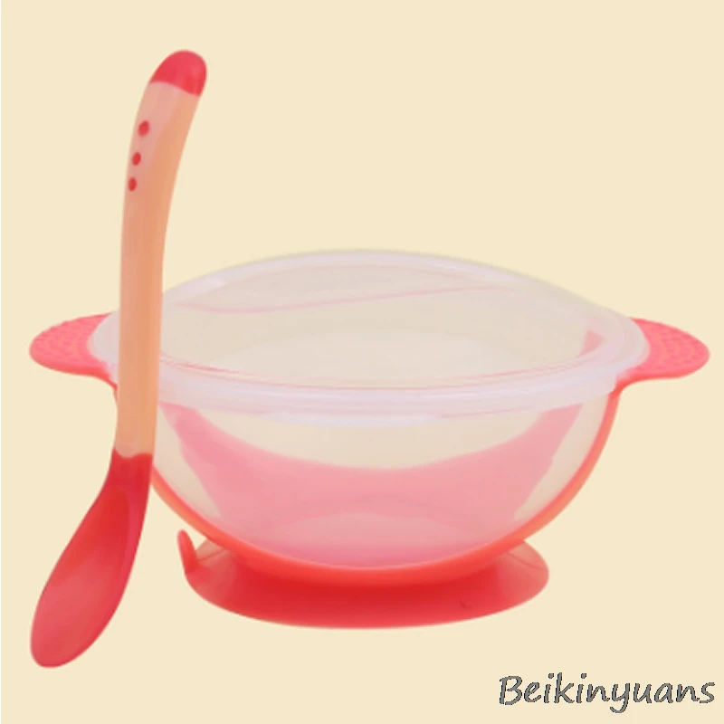 Red spoon bowl Посуда для кормления ребенка на присоске, миска, Индукционная температура, ложка детские столовые приборы, детское питание, посуда для кормления ребенка - Цвет: Red spoon bowl