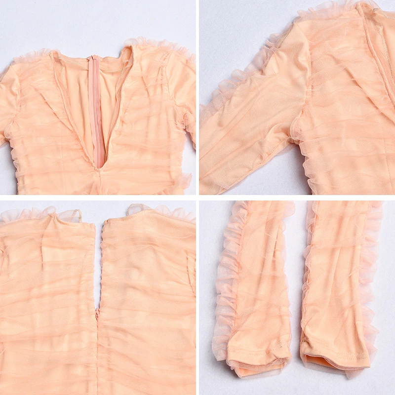 Женское Сетчатое мини платье с оборками облегающее длинным рукавом и глубоким V