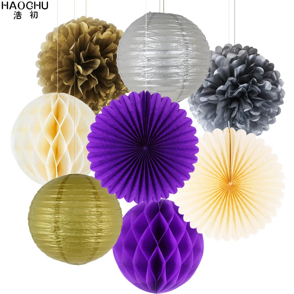 Beige Purple 8pcs/Set Round Chinese Paper Lanterns Gold Silver Tissue Paper Honeycomb Balls Wedding Flower Birthday Party Hanging Decorations - Цвет: Beige Purple