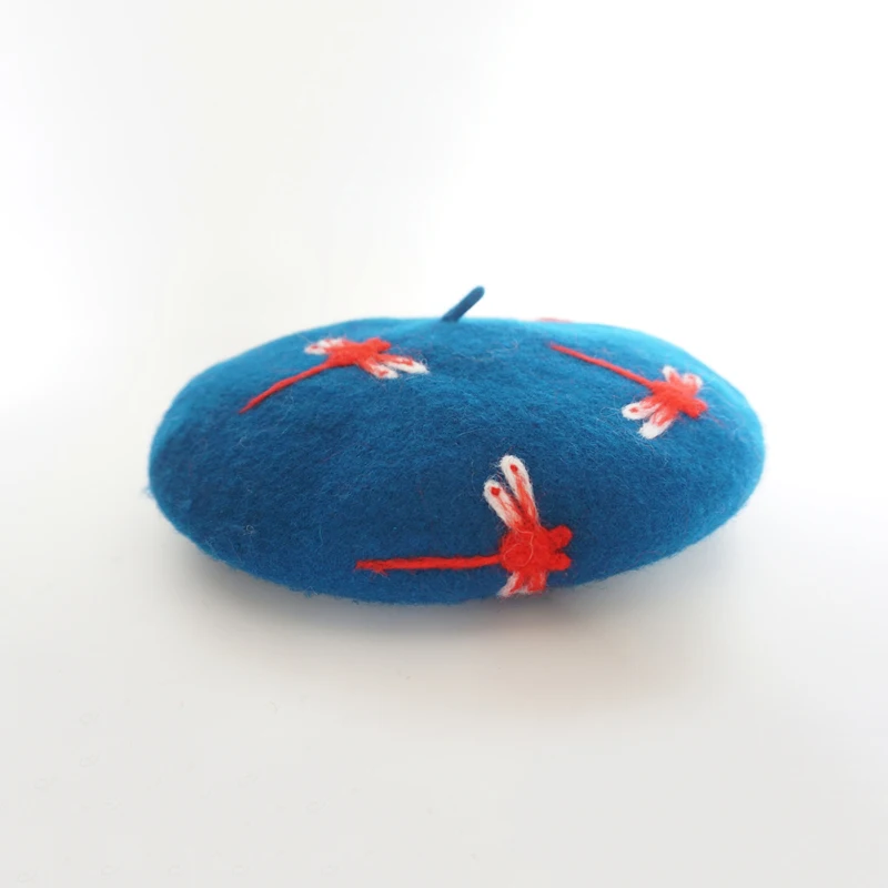 Faramita Holiday Brand Design Hand-made Winter Women Girls Berets Wool Felt Manual Dragonfly Cute Beret Hats Blue Caps Round | Аксессуары