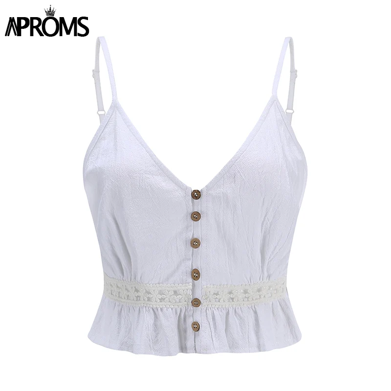 Aproms, элегантные, на пуговицах, укороченные топы, женские, летние, сексуальные, v-образный вырез, открытая спина, хлопок, уличная одежда кроп-топ, белый, бюстье, Cami