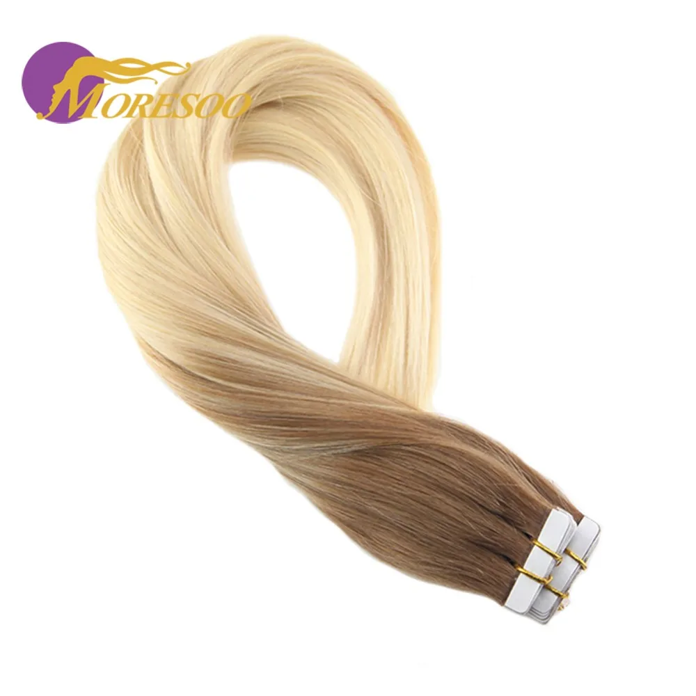 Moresoo, 14-24 дюйма, накладные волосы на ленте, человеческие волосы, Balayage, блонд, Remy, волосы для наращивания на коже, 2,5 г/шт., 25 г-100 г