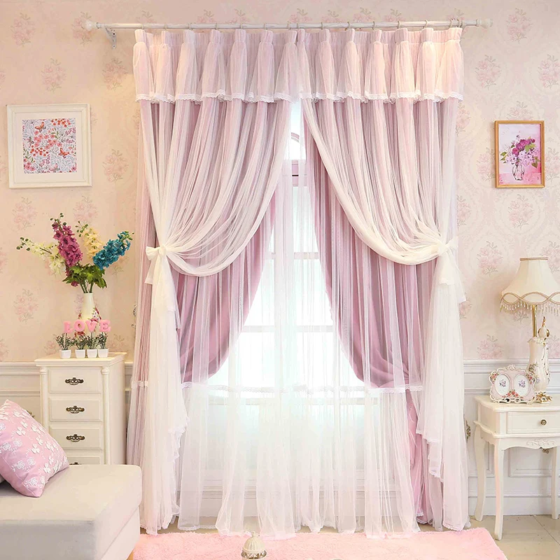 

Princess Beauty 3 Layers Blackout Curtains for Girl's Bedroom Lace Sheer tulle princess Curtain for Living Room Window Drapes