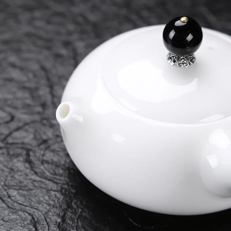 Dehua suet jade white porcelain Chinese household solid wood side teapot handmade health | Дом и сад