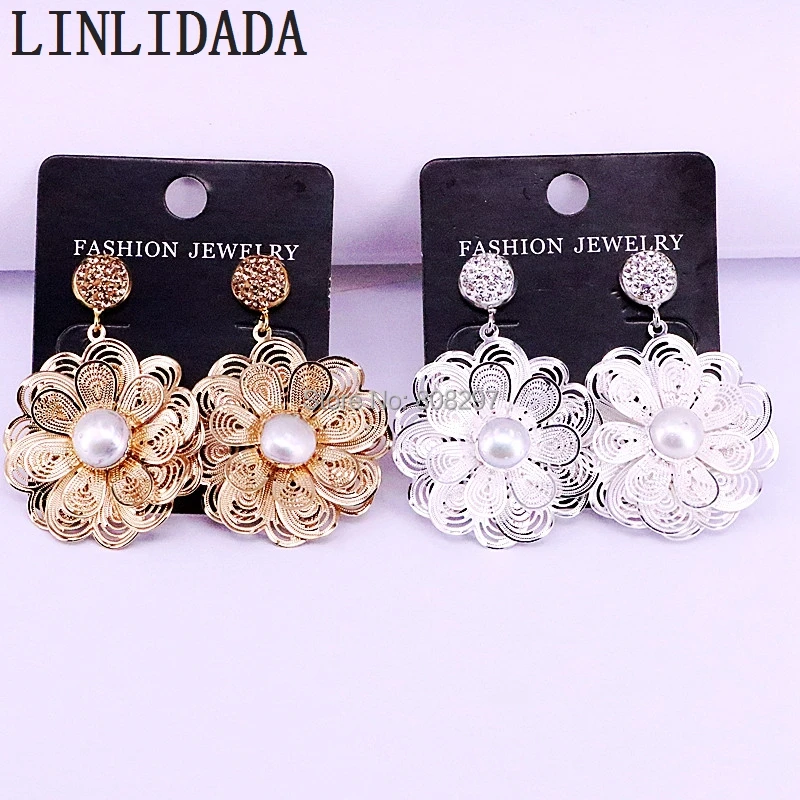 

4Pair New Arrival Gold / Silver Color Jewelry Dangle Earrings Metal Flower Shape Charm Earings for Women Gift