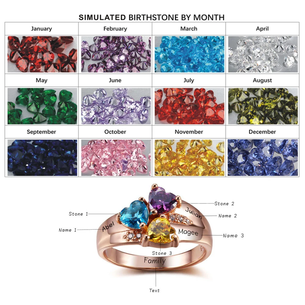 Кольцо из серебра с гравировкой имени для матерей ювелирное изделие 3 камнями по