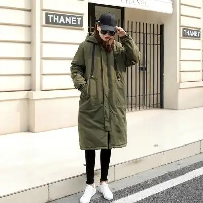 Army green Новинка, зимний женский длинный стильный Тренч, хлопковое пальто, однотонная верхняя одежда, повседневное Свободное пальто с капюшоном и длинным рукавом, Женский Тренч ky317 - Цвет: Army green