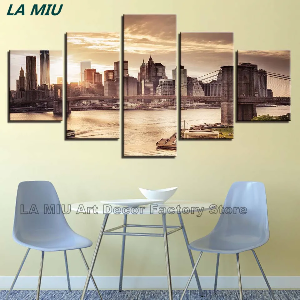 5 Pieces Wall Art Brooklyn Bridge Building Scenery Painting Framework Picture Canvas Modular HD Printed Decor Modern Living Room |