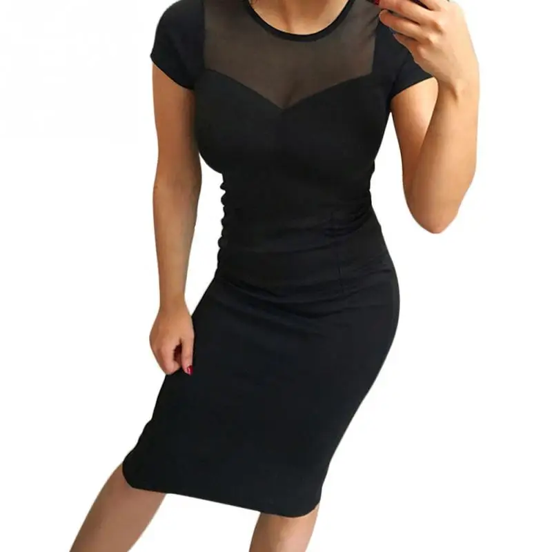 Women Dress Hollow Out Short Sleeve Black Mesh Dresses Zippered Knee-length Sexy Club | Женская одежда