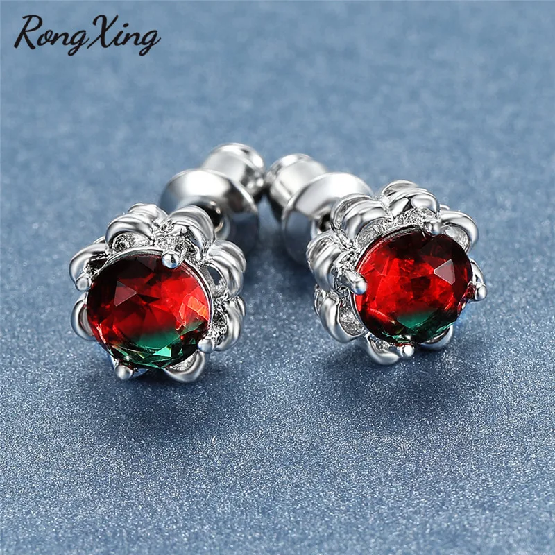 Rongxing Уникальный Розовый Красный Зеленый Кристалл Циркон серьги гвоздики для женщин 925 серебро Радуга камень серьги леди ювелирные изделия в стиле "Бохо"