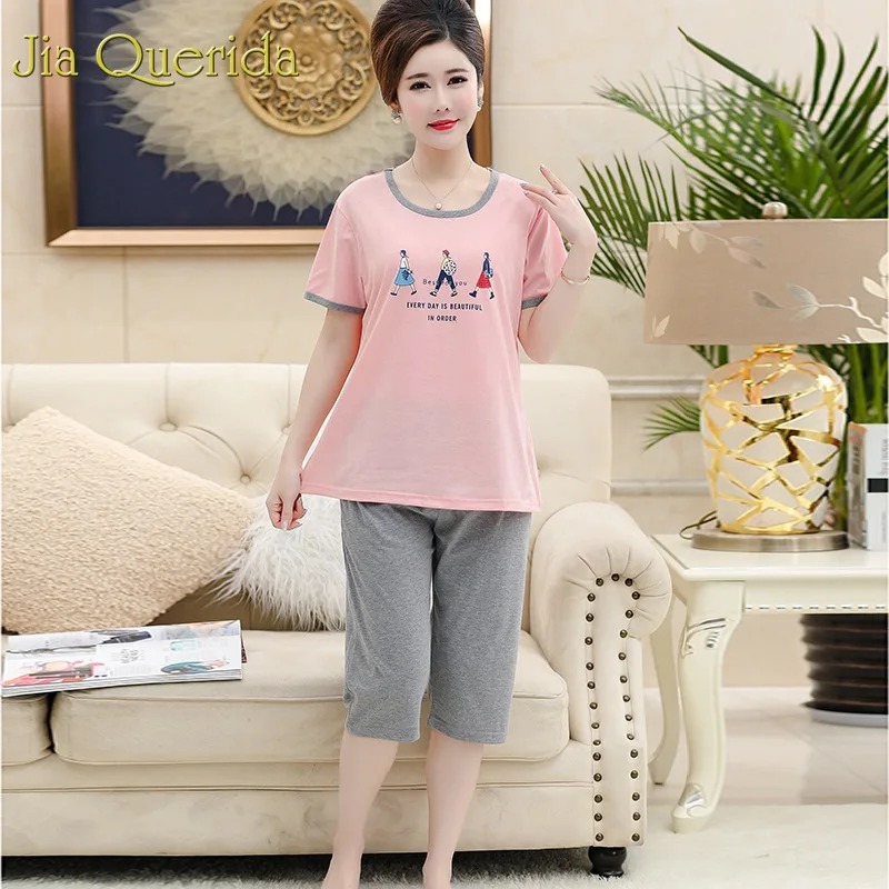 Pink Lingerie Women Short Pajama Set Summer 2019 2 Pcs Cropped Trousers Cotton Homeware Print Plus Size Sleepwear Mother's Gift | Женская