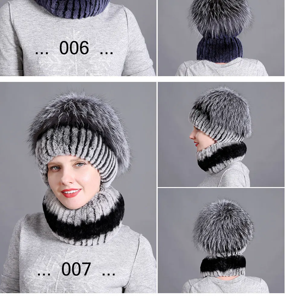 DUOUPA Women fur hat scarf set for winter natural rex rabbit fur scarf and hat solid color brand new street shoot hat and scarf