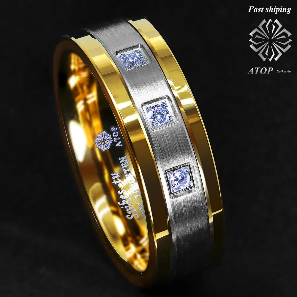 Серебряное вольфрамовое кольцо 8 мм с матовым покрытием 18K золотые бриллианты