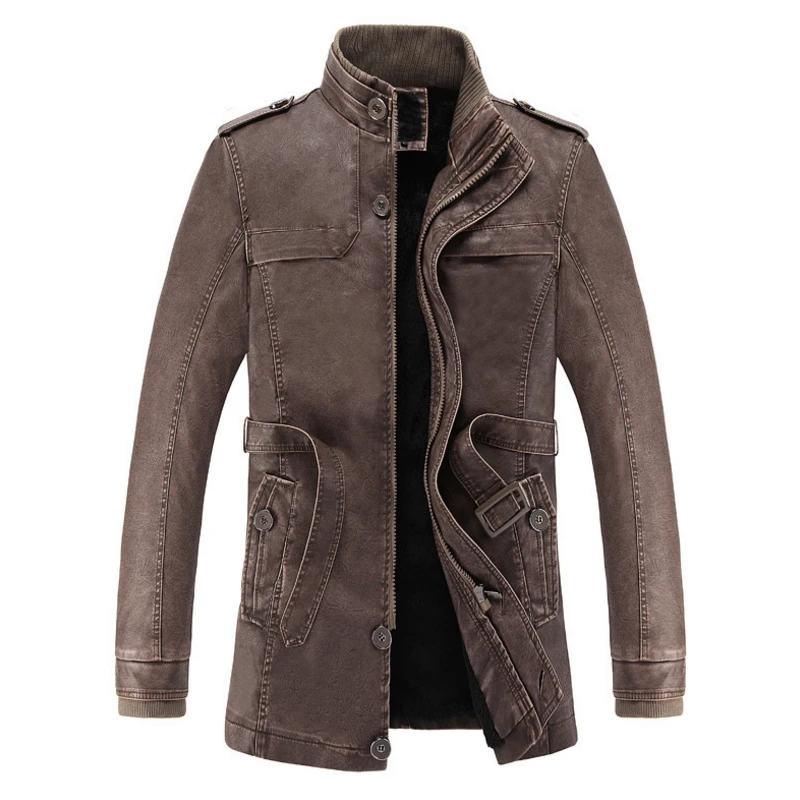 Мужская длинная куртка с воротником стойкой повседневная шерстяная кожаная