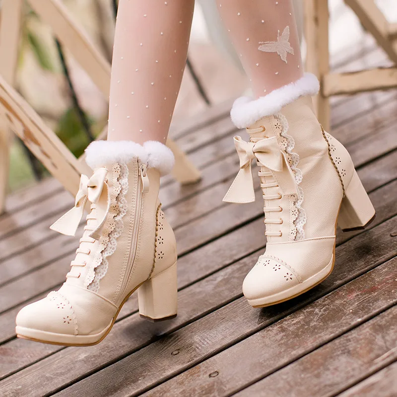 High Quality Japanese Style Lolita Shoes Sweet Bow Lace Princess Women Snow Boots High Heel Lolita Cosplay Ankle Boot Pink White images - 6