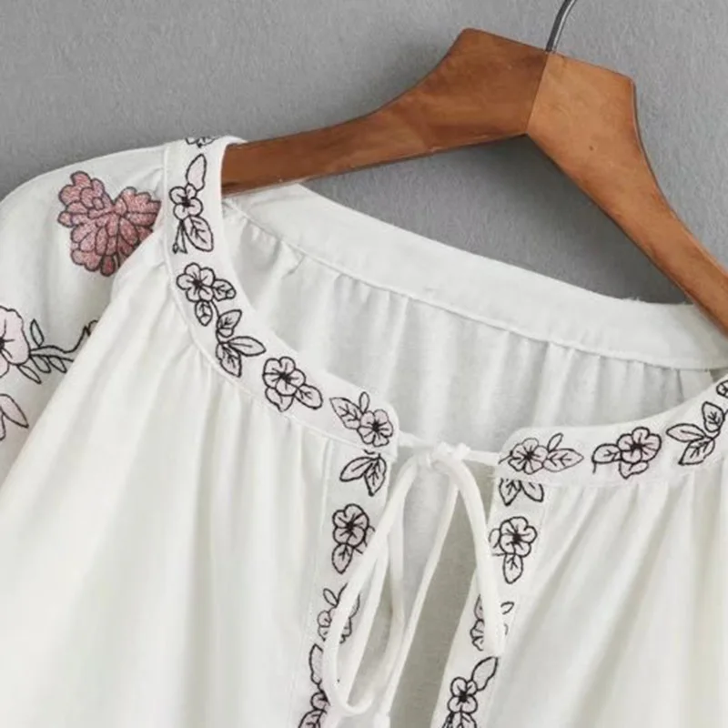 Для женщин S Белый Этническая Цветок Вышивка куртка 2017 Фонари рукавом Пояса