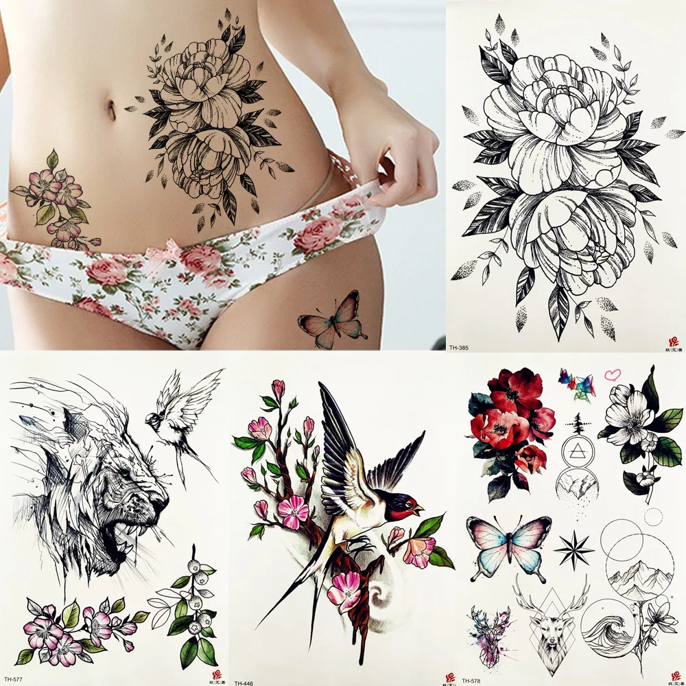 

FANRUI Peony Flower Blossom Temporary Tattoo Sticker Rose Saturna Flora Body Art Arm Waist Sexy Tattoos Butterfly Fake Tatoo