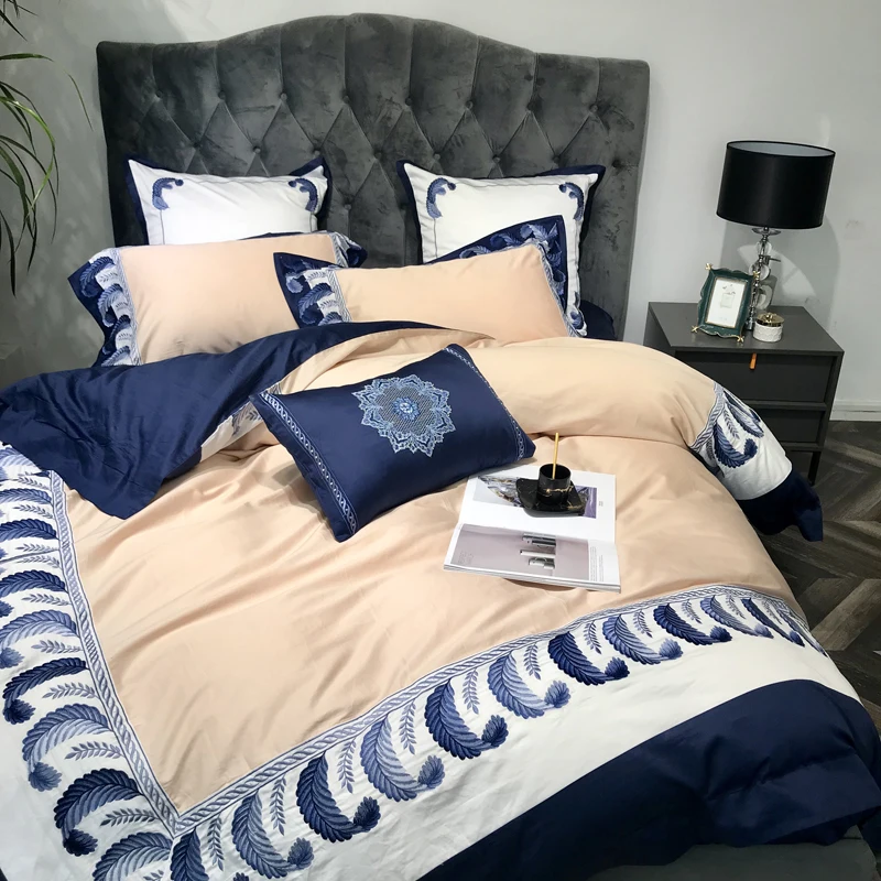 

luxury Blue 120S Egyptian cotton Embroidery Royal Bedding sets Queen King Wedding Duvet cover Bed sheet set Pillowcases 4/6pcs