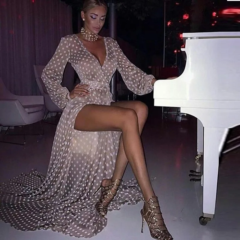 Gray Модное сексуальное прозрачное платье в горошек, женское платье jurken vestidos kleider sukienka elbise, вечерние платья для женщин - Цвет: Gray