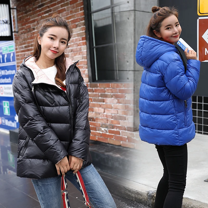 2018 New Fashion Metal Silver Black Color Hooded ackets Coats Women's Winter Warm Down Cotton Padded Short Parkas Outwear | Женская