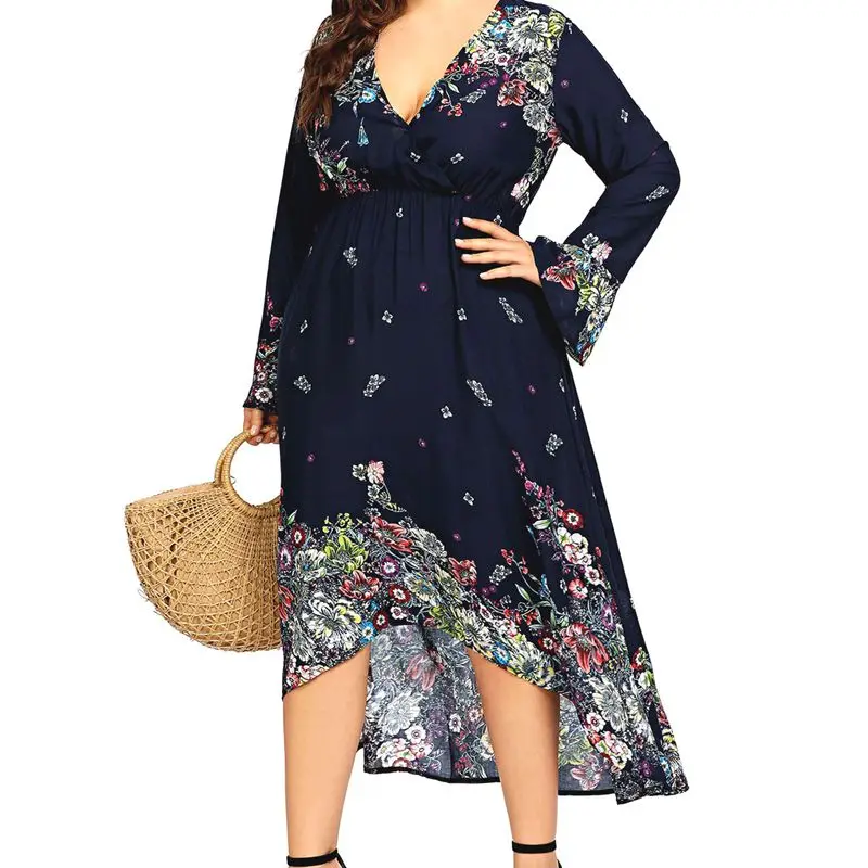 Женское платье большого размера на весну и осень с цветочным принтом