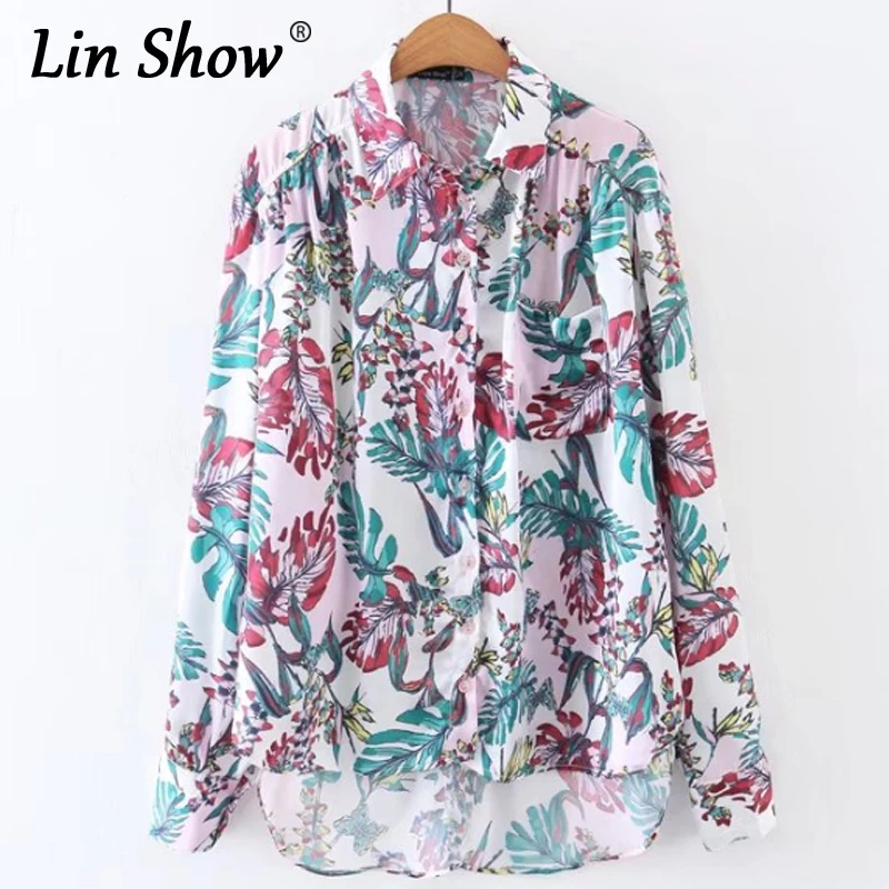 Linshow с цветочным принтом одежда длинным рукавом Женские топы и блузки женские