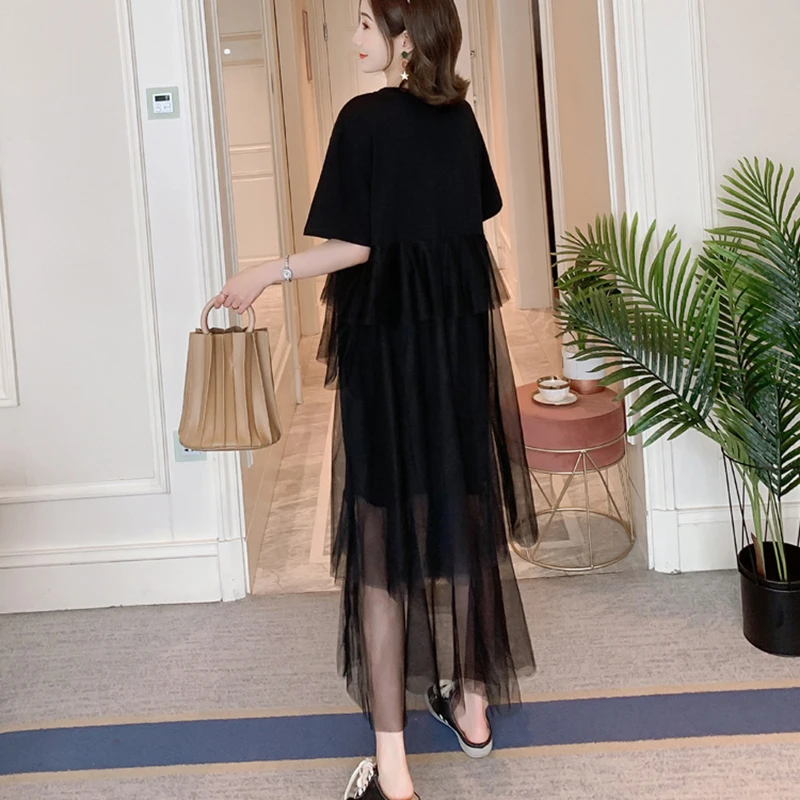 2020 Summer Women's New Dress In The Long Section Over Knee Stitching Mesh Fashion Pleated Casual Vestido QQ191 | Женская одежда