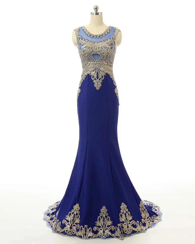2017 100% Настоящее Изображения Элегантный Русалка Royal Blue Атласная Вышивка Длинные
