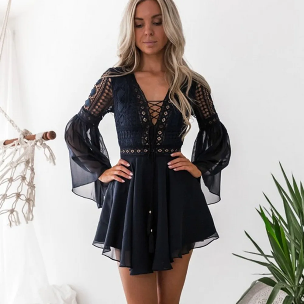 Платье женское с V образным вырезом пикантное ажурное мини платье в стиле бохо