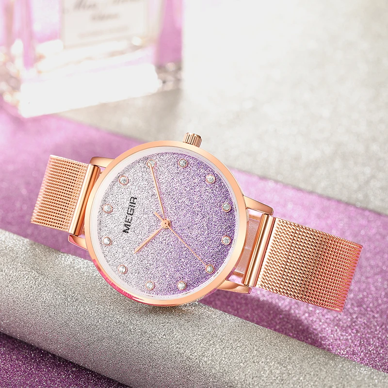 Top Luxury Brand MEGIR Mesh Steel Belt Quartz Watch Rose Gold Simple Fashion Waterproof Sports Ultra-thin Ladies 4215 | Наручные часы