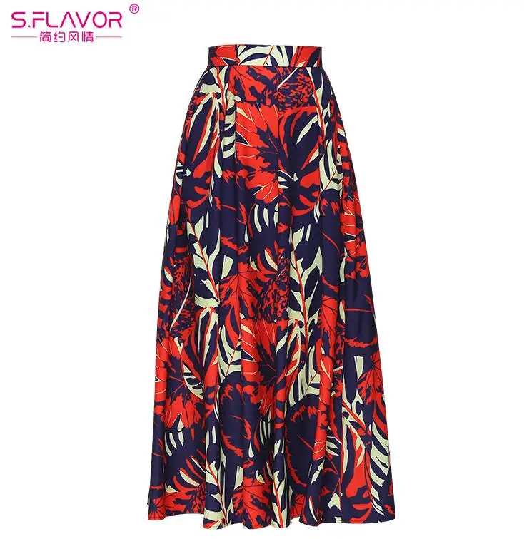 S. FLAVOR Boho Длинные юбки с высокой талией и принтом в виде листьев, модные уличные стильные весенние юбки для женщин, женские юбки с большим подолом - Цвет: navy