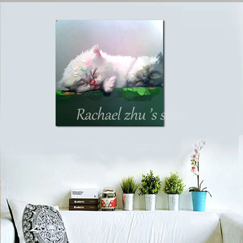 

Handpainted Abstract Cartoon Children Cat Oil Paintings On Canvas Wall Sleeping Cat Wall Pictures For Children's Room Home Decor