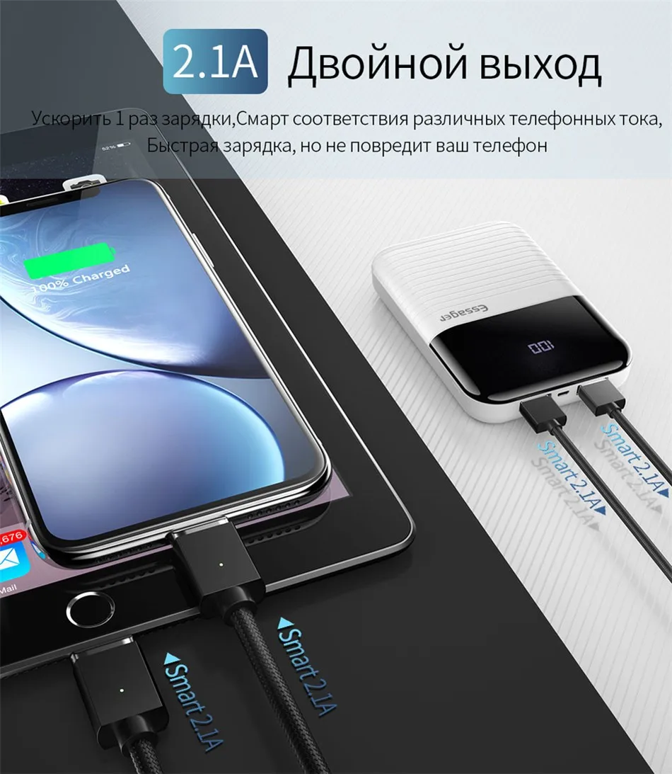 Essager Mini power Bank 10000 мАч Внешний аккумулятор Портативное зарядное светодиодный power bank для Xiaomi iPhone X 8 7 6 samsung мобильные телефоны