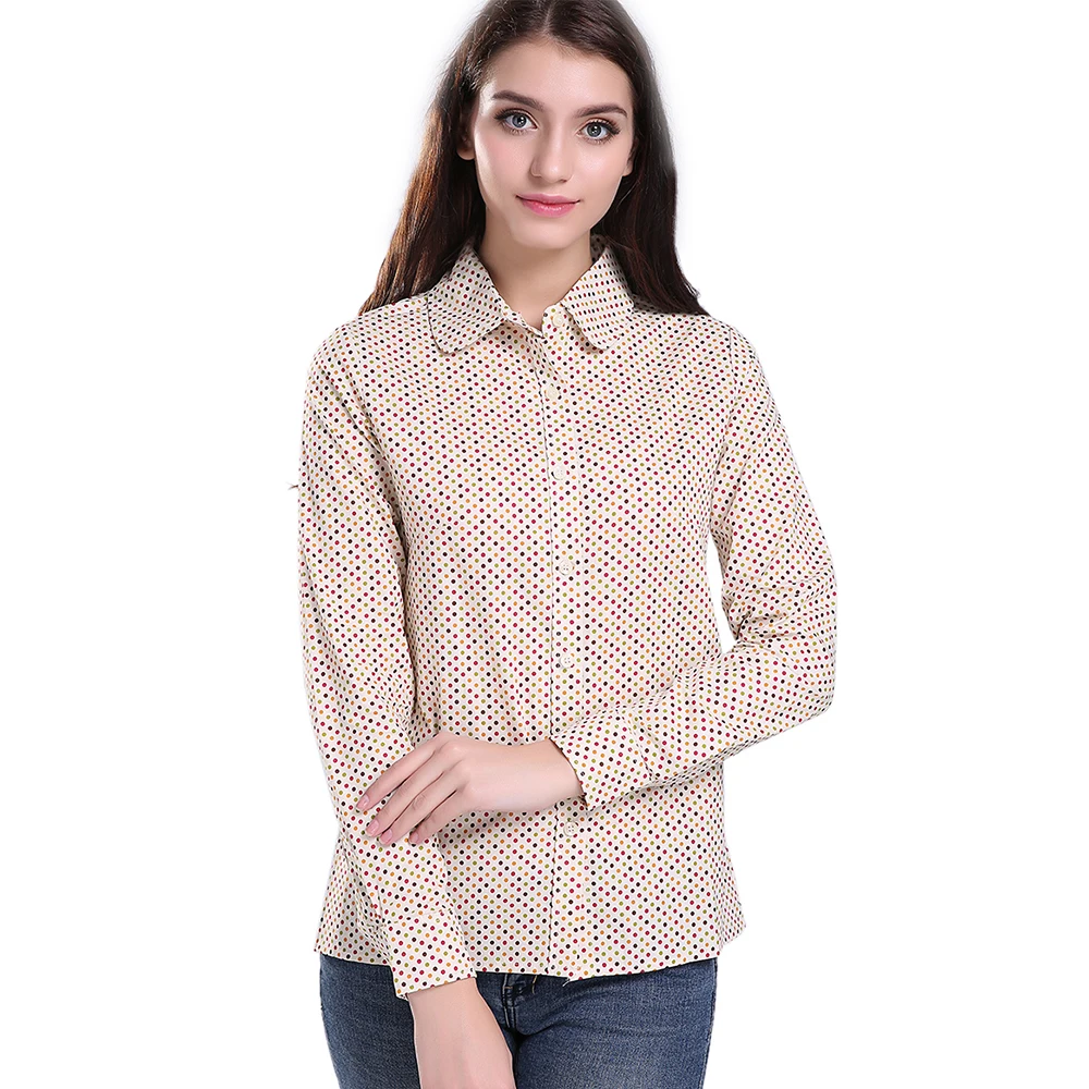 Хлопковая женская Офисная Рабочая блузка рубашки с длинными рукавами в горошек