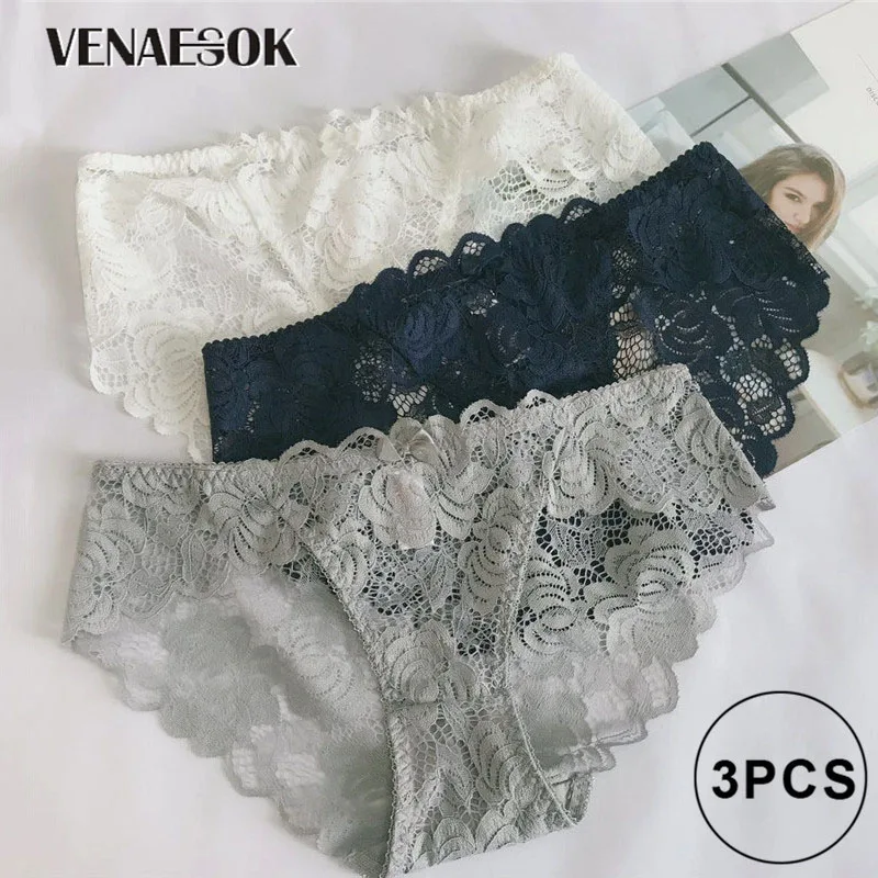 White Bule Gray Женское нижнее белье, кружевные прозрачные, с низкой посадкой, сексуальные трусики, 3 предмета, трусы с вырезами трусики с вышивкой, белый+ серый+ черный, XL, L, M, S - Цвет: White Bule Gray