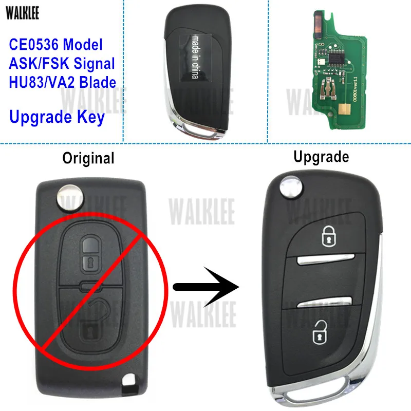 Обновленный дистанционный ключ WALKLEE 433 МГц подходит для Peugeot C2/C3/C4/C5/Berlingo/Picasso с