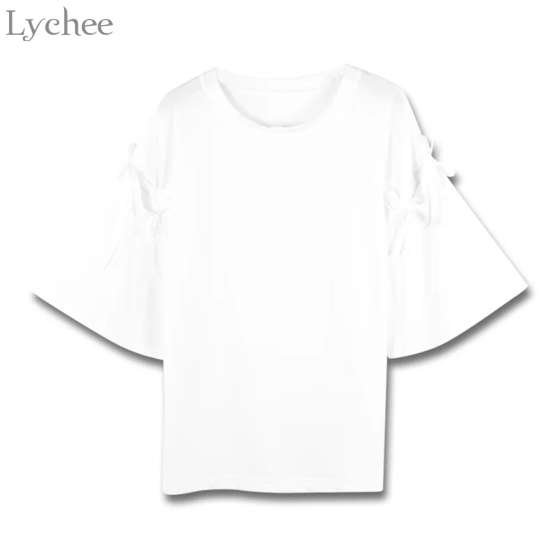 Милая Летняя женская футболка Lychee кружевная с бантом Повседневная Свободная
