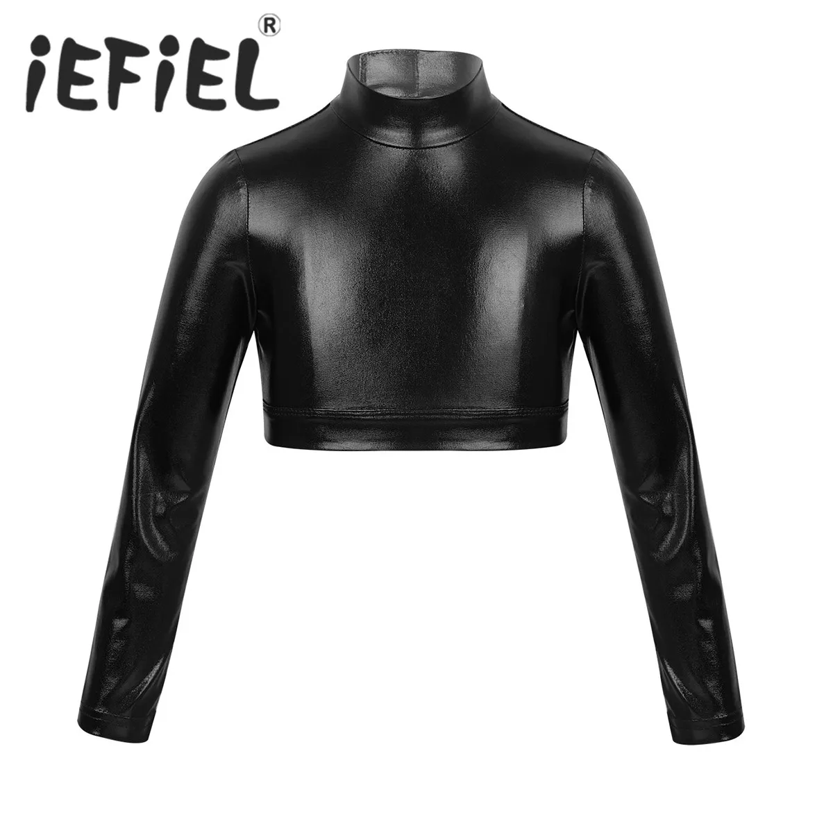 

Children Kids Girls Long Sleeves Mock Neck Glossy Metallic Tops Crop Top for Dancing Stage Performance Ballet Class Dancewear